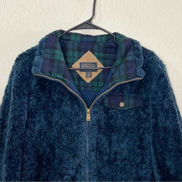 PENDLETON Coat Navy Blue Full Zip Teddy Jacket Wool Plaid Flannel Accents XL - Picture 7 of 15